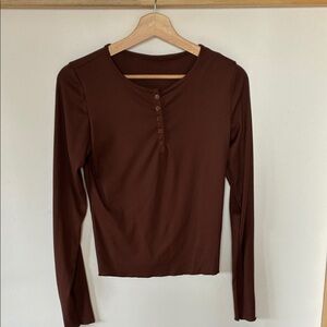 Brown Long Sleeve Ribbed Henley Top